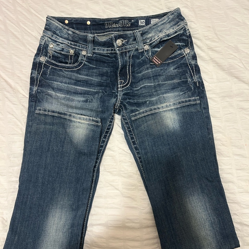 Miss Me Dark Blue Boot Cut Jeans with Contrast Stitching
